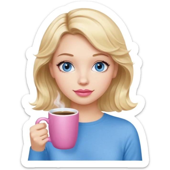 Girl Blonde short wavy hair,  blue eyes, cute blue top, long lashes, pink lips, holding white hot coffee mug sticker
