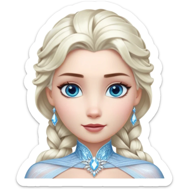 Cinematic Realistic Elsa Portrait, depicted with lifelike skin texture, soft natural lighting, and intricately detailed platinum blonde hair styled elegantly. Her striking, expressive blue eyes exude confidence and grace, complemented by a serene and regal expression. She is dressed in her signature icy attire, with shimmering fabric textures and delicate folds that catch the light beautifully. The portrait features a soft, enchanting glow with a cool, radiant finish, capturing the essence of timeless elegance in a realistic and painterly style, evoking a sense of depth and authenticity. sticker