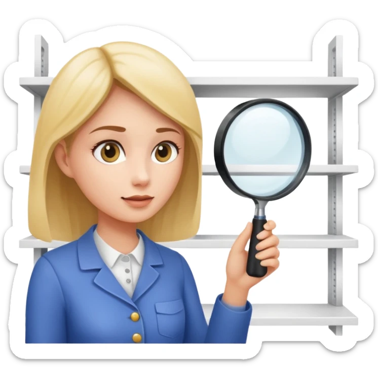 emoji of white empty shelf in perspective view with a woman nearby, she is looking at the shelfs with a magnifying glass sticker