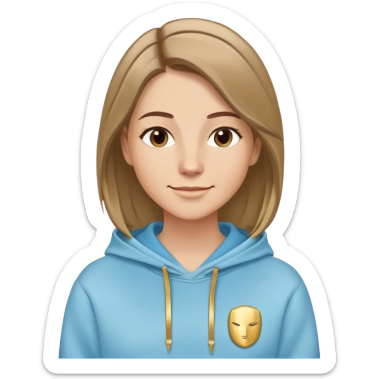 Caucasian woman, oval face, straight hair that is more brown than blonde with lighter blonde highlights, hair parted to the side, serene smile, dreamy expression, light blue hoodie with gold and white details sticker