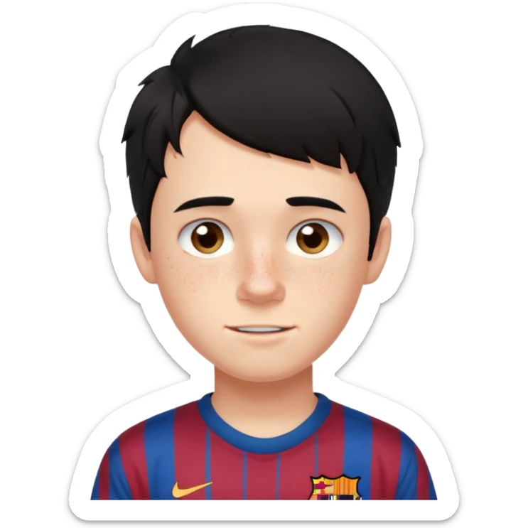 Un chico con pelo liso, demasiado pelo desordenado y negro, tiene pecas, brackets, ojos cafés oscuros y con una camisa del Barcelona sticker