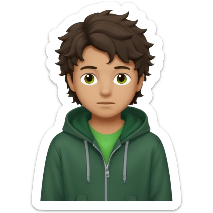 a 14 year old slightly tanned teenage boy with dark brown tousled wavy hair, wearing a green tshirt, with a dark green hoodie overcoat sticker
