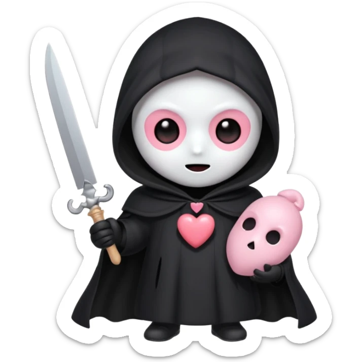 > "Cute chibi Ghostface with big shiny eyes, blush on mask, small rounded body, black cloak with heart buttons, holding a toy knife or pink phone. Pastel colors, kawaii style, soft sparkly background."
 sticker