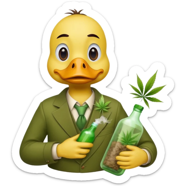 Drunk and high duck animal holding weed bottle and a bag of weed. Looking sloshed sticker