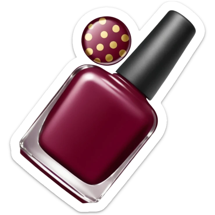 burgundy nail polish bottle, nail polish has light gold iridescence, cap is black with white polka dots, cinematic emoji sticker