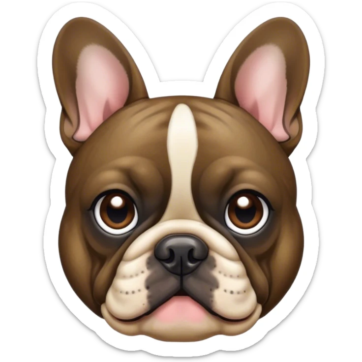 Cinematic Noble Brindle French Bulldog Portrait Emoji, Poised and regal, with a compact, muscular build and a sleek, well-groomed brindle coat accented by subtle fawn highlights, deep-set soulful dark eyes, Simplified yet sharp and sophisticated features, highly detailed, glowing with a soft, dignified glow, high shine, intelligent and determined, stylized with an air of authority, focused and attentive, soft glowing outline, capturing the essence of a watchful and confident companion, so majestic it feels as though it could strut out of the screen with effortless authority! sticker