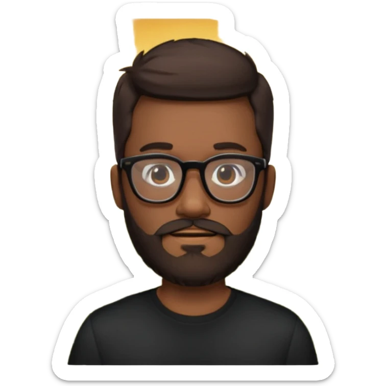 create a emoji man with beard black and dark brown hair , and glasses wooded color, sunkissed skin color, with a IA simbol and black shirt sticker
