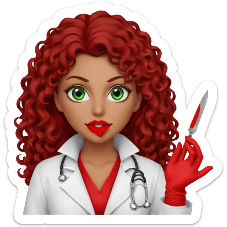 Lilith symbol sexy evil woman. She has green eyes.  had brown long curly hair.  evil surgeon kills with scalpel wears red sexy doctor coat with red mouth cover red gloves. Covers nose, neck  and mouth with red face berka sticker