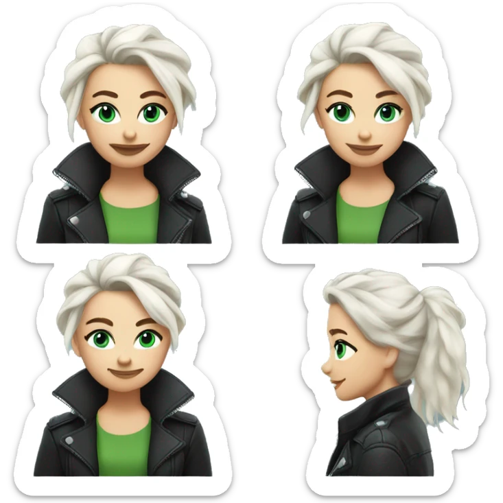 young woman with white hair in messy bun wearing a leather jacket with blue green eyes playful smirk sticker