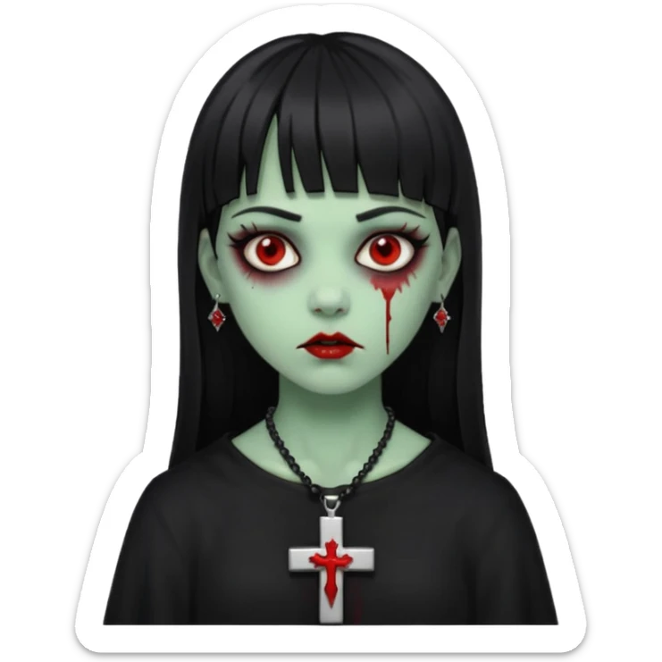 zumbi verde com olhos vermelhos sangrando e franja roupa preta e um crucifixo como colar, sem ser na testa e um piercing no nariz bem feminino a franja reta também  sticker