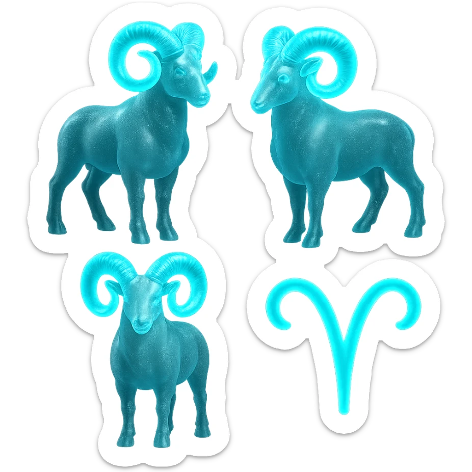 "A digital illustration of the Aries zodiac sign, a majestic ram with glowing horns, incorporating the color #00d9ff prominently in its design, celestial background, mystical and cosmic atmosphere" sticker
