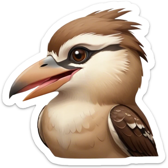 Cinematic Cute Yawning Kookaburra Portrait Emoji, Head tilted slightly with a dramatic, wide-open yawn, showcasing a soft, downy brown plumage with gently drooping wings and a relaxed beak, round eyes barely open in drowsy contentment, Simplified yet irresistibly adorable features, highly detailed, glowing with a soft, cozy glow, high shine, relaxed yet expressive, stylized with a touch of bushland charm, bright and endearing, soft glowing outline, capturing the essence of a sleepy yet affectionate kookaburra, so drowsy it feels like it could flutter out of the screen and curl up for a nap! sticker