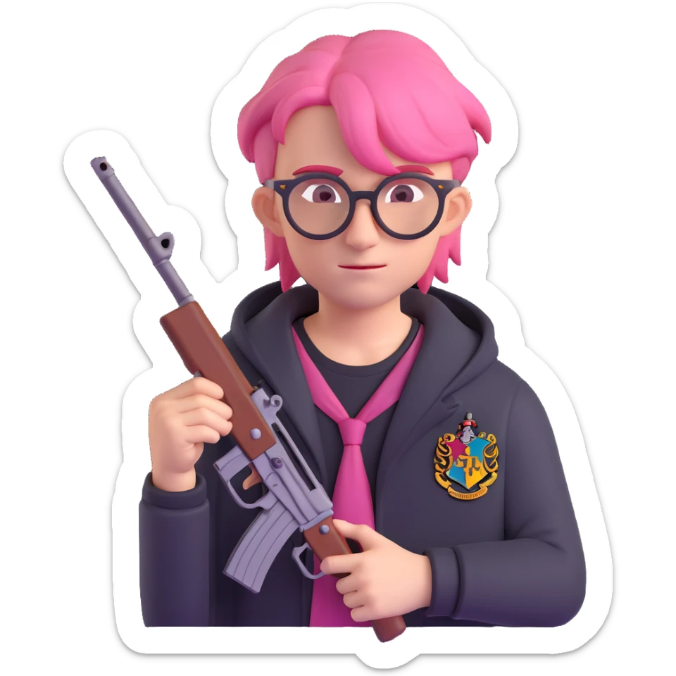 A punk guy with pink hair, wearing Harry Potter glasses, and holding an AK-47 sticker