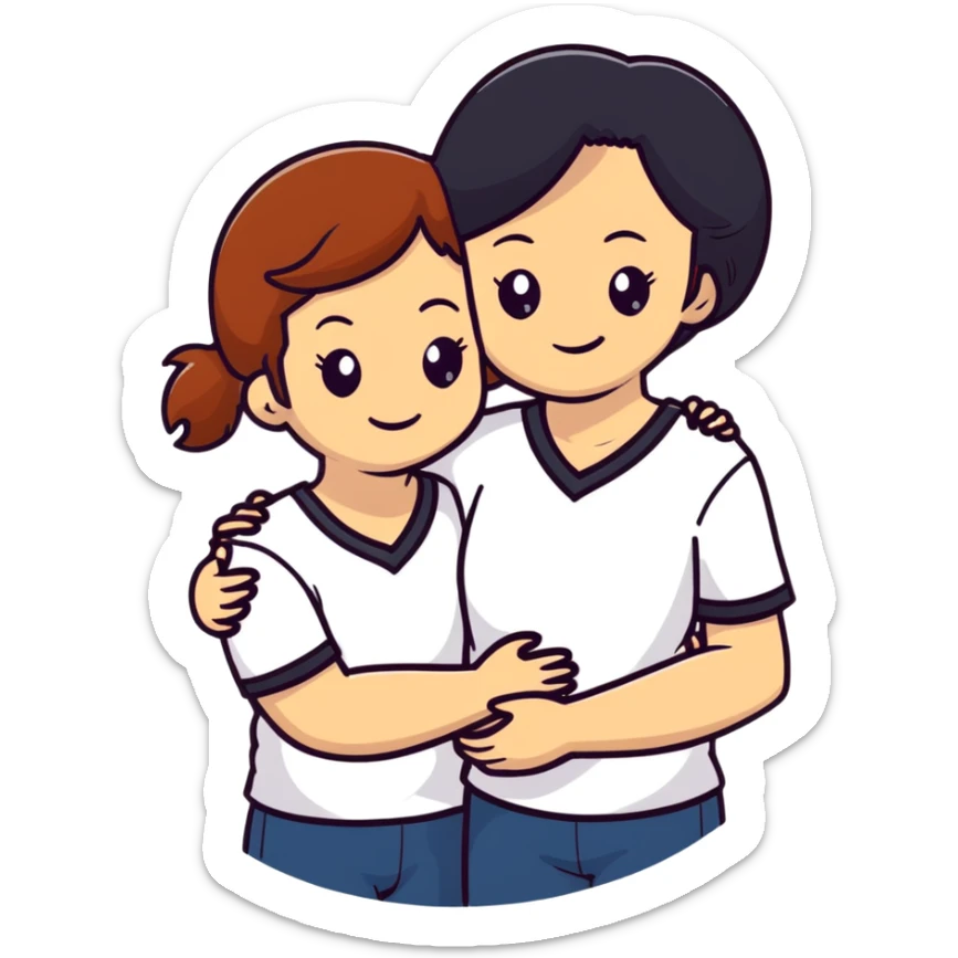 Two girls with light skin, one with chestnut hair and one with black hair, wearing white V-neck shirts, hugging warmly with gentle smiles sticker
