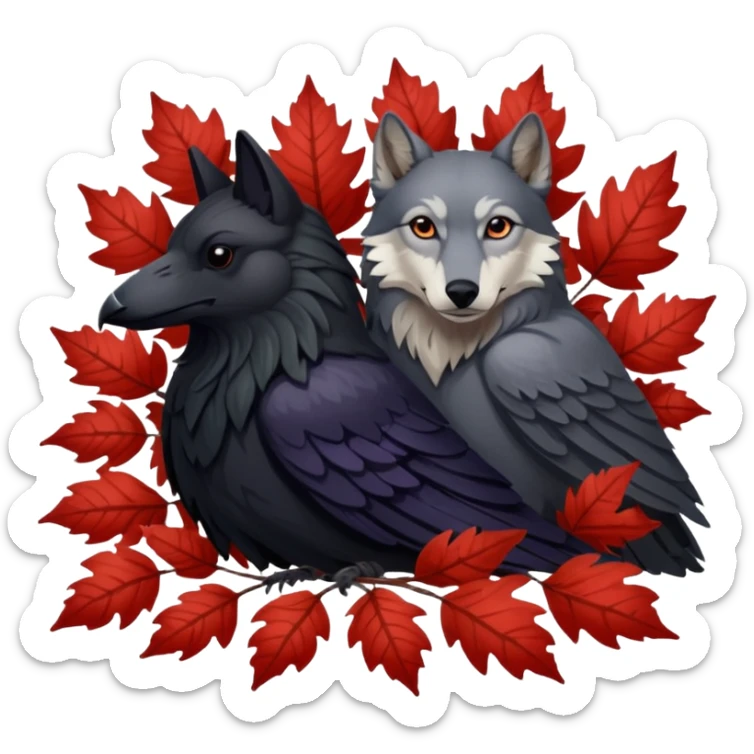A raven bird and a wolf laying together with Weirwood leaves beneath them  sticker