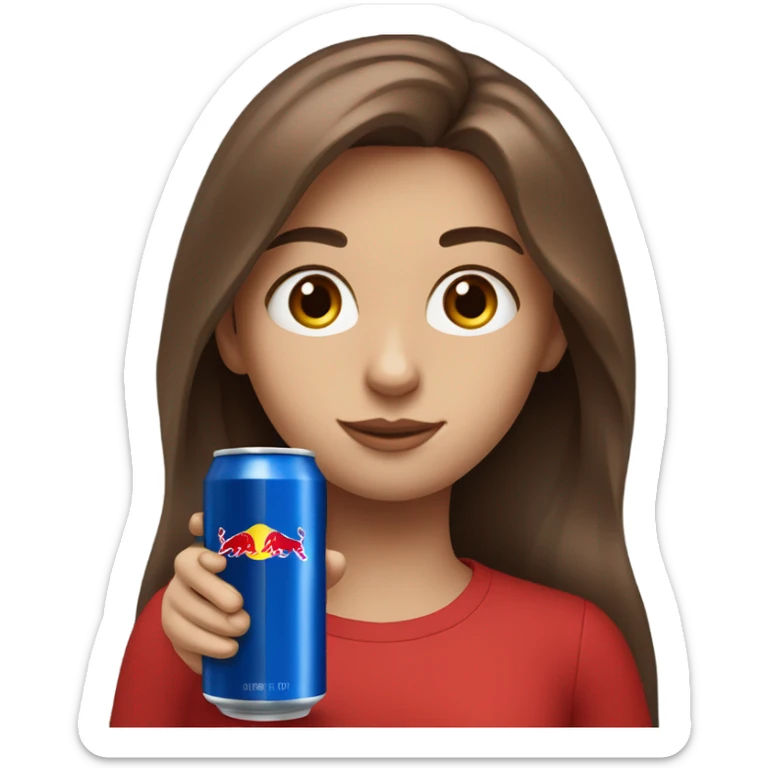 Girl with blue eyes long brown hair holding Red Bull drink sticker