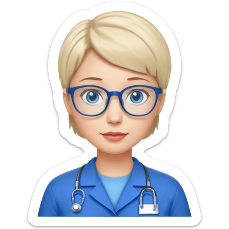 Blue eyes short hair with glasses woman in care assistant blue uniform sticker
