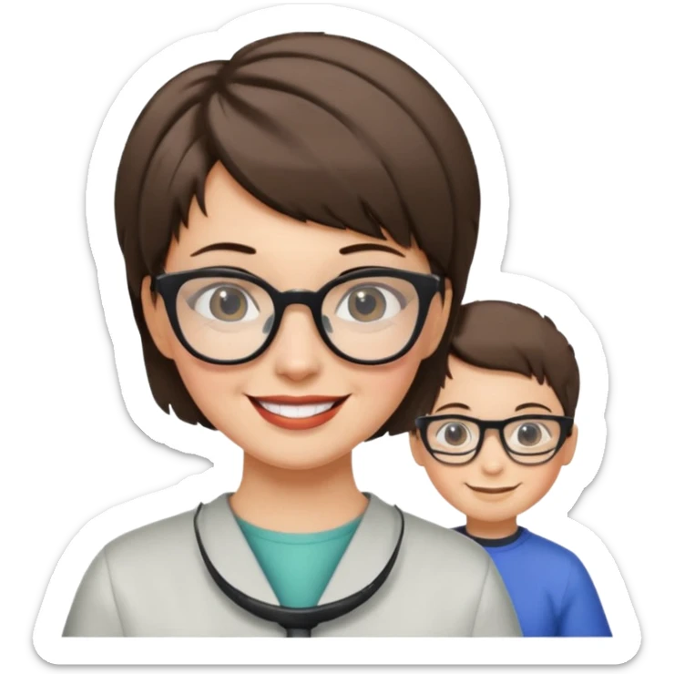 Happy woman with very short hair and glasses having haircut emoji sticker
