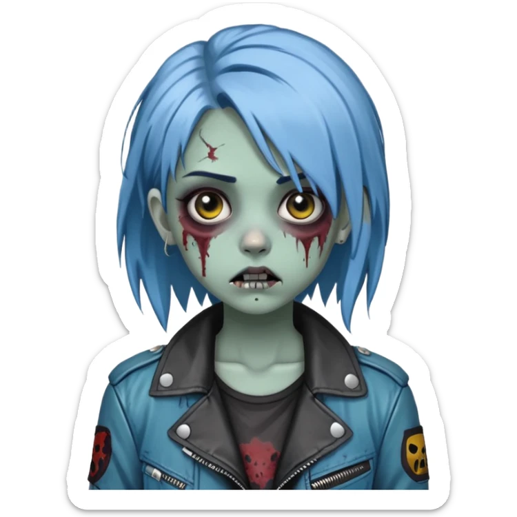 zombie teen girl with ashy blue hair, eye color black, grunge style or leather jacket emoji sticker
