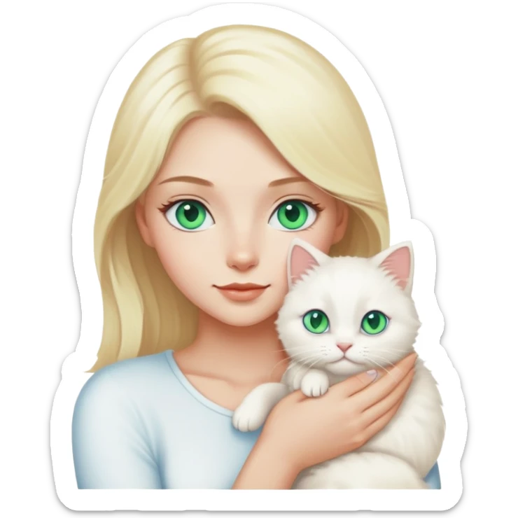 Mulher loira com olhos azuis segurando gatinho peludo branco de olhos verdes sticker