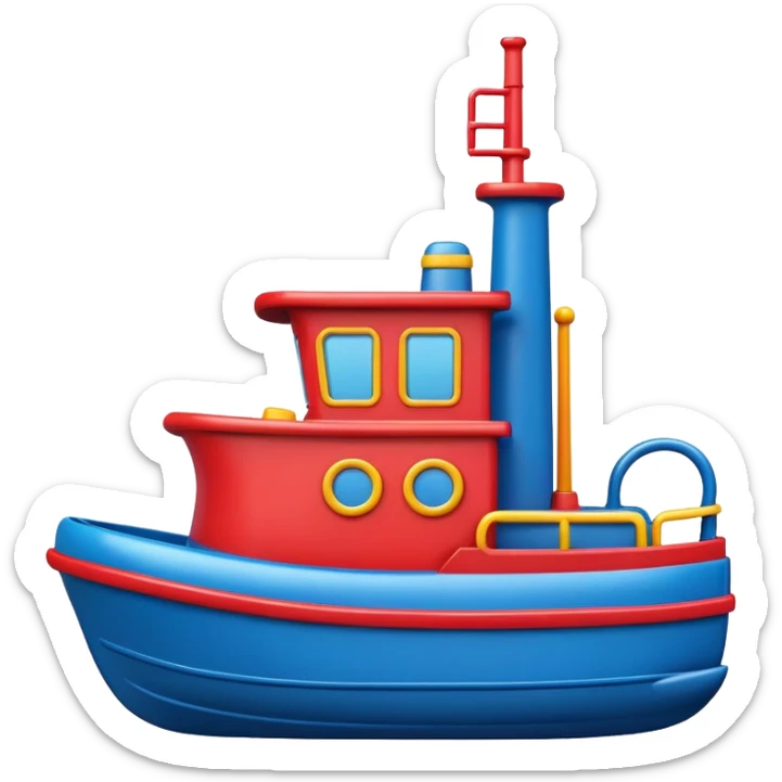 A colorful toy tugboat with a cute cheerful face and a red and blue body sticker