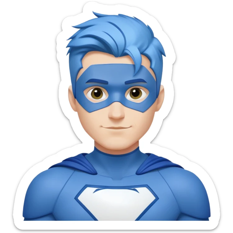 Emoji of a friendly, clean-shaven man with blue hair, wearing a minimalist blue and white superhero suit with broad shoulders. The suit has a large blank area on the chest for a logo, uses only blue and white colors, and has minimal details. Image is cropped at the chest level. Cheerful expression. sticker