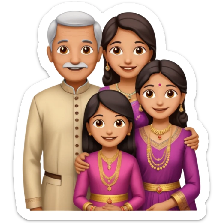 Indian family with a 70 years old father and mother and a 40 years old daughter. They wear a traditional dress. They are smiling. sticker