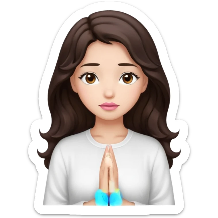 girl with wavy long glamorous dark brown hair, brown eyes, light to medium complexion, long lashes, light pink lipstick, praying sticker