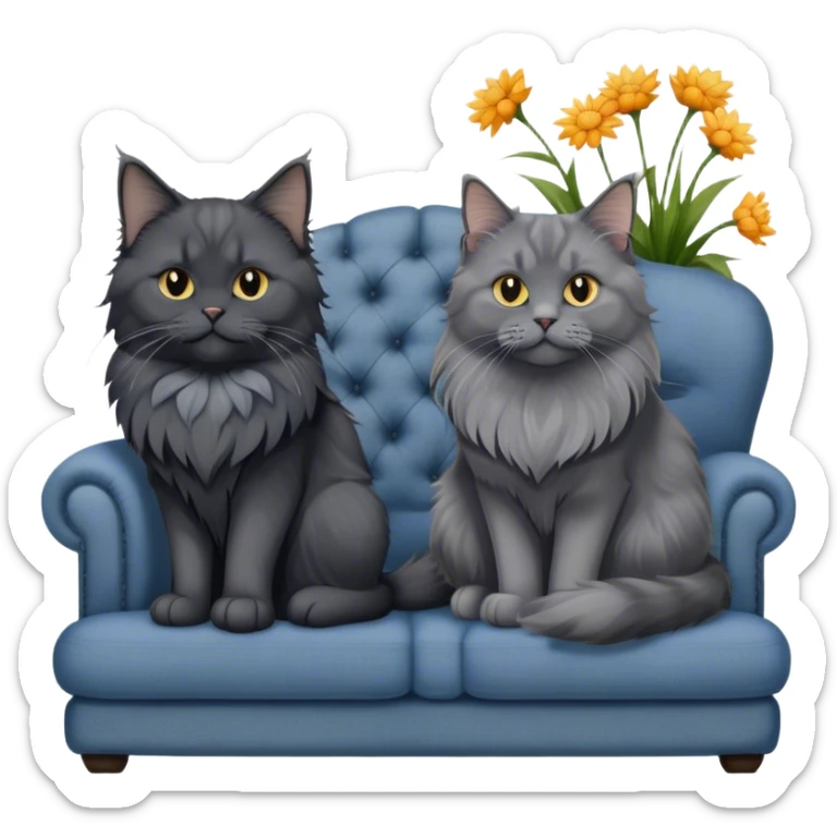 A black smoke Maine Coon cat with long gray ear tufts and a large gray ruff, and a thick blue British Shorthair cat, sitting together on a couch. A cozy room with flowers in the background. Transparent background. sticker