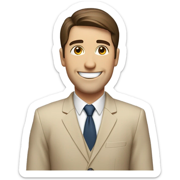 bussines man with short straight brown hair. big smile. fair skin 
and body zigs up to the hearth where you see a neat beige suit sticker