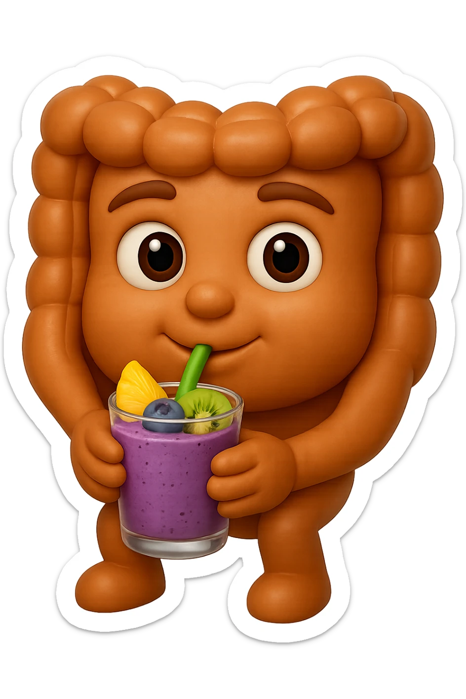 EMOJI STILE IPHONE DI un intestino umano anatomico che beve un frullato di mirtilli, ananas, kiwi, fagli anche la parte bianca degli occhi, non solo le pupille, REALISTICo 4K sticker