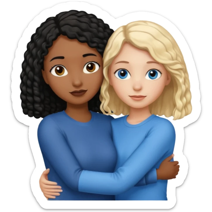 Girl best friends: one taller white girl with straight blond bob and blue eyesone shorter black girl with long black curly hair, hugging sticker