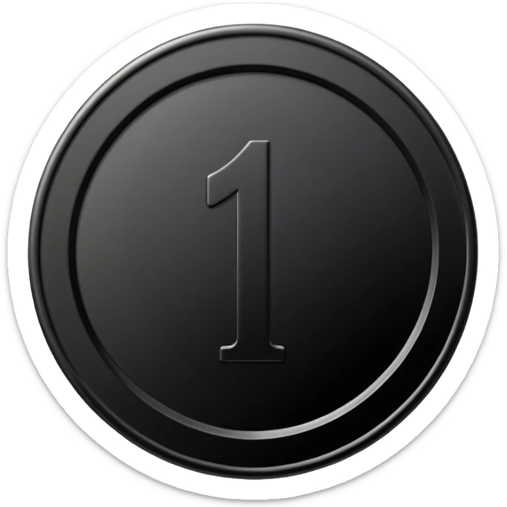 Emoji icon of a black coin with engraved number 1, minimalist style, isolated sticker