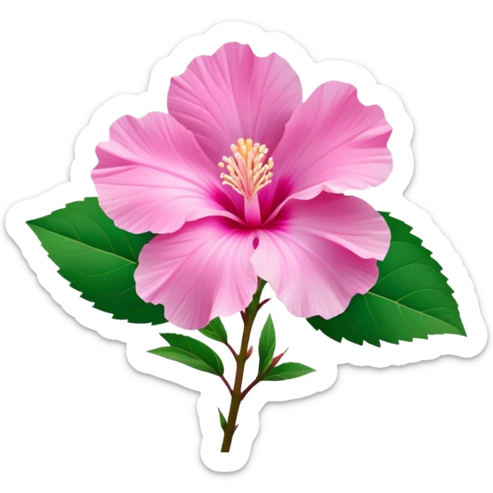 Cinematic Realistic image of a Mugunghwa flower (Rose of Sharon), rendered with delicate petal textures and vibrant pink hues, set against a minimalist background with gentle, diffused lighting that highlights its national significance sticker