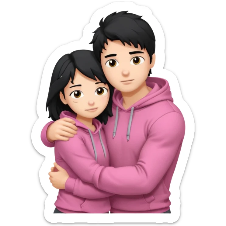 generate a pretty bratz fair skinned boy with messy black hair in a grey hoodie. Hugging his girlfriend who is wearing pink. Make him muscled. Boy in grey hoodie, girl in pink sticker