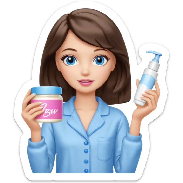 Barbie girl with makeup, blue eyes , and bob long haircut wavy, short brown hair in creamy color pajamas, face cream in hand sticker