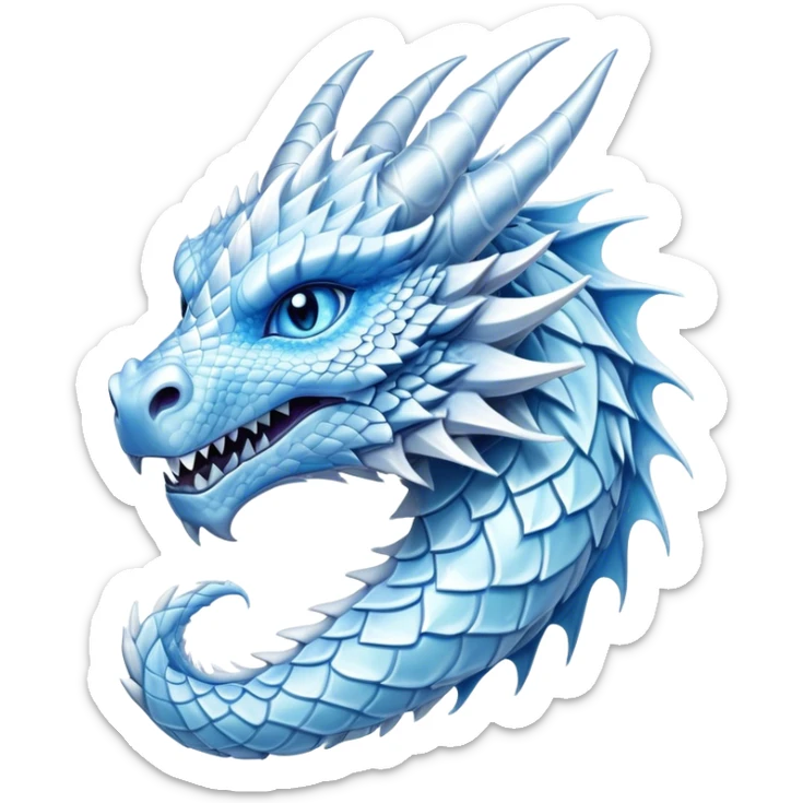 Cinematic Noble Beautiful Ice Dragon Portrait Emoji, Poised and majestic, with an ethereal, crystalline body adorned in intricately detailed scales of frosty blues and silvery whites reminiscent of glacial ice and delicate snowflakes, and piercing, cool eyes reflecting winter’s clarity; rendered with lifelike texture and subtle natural highlights, high shine, elegant and formidable, styled with an aura of chilling mythic beauty, focused and serene, soft glowing outline, capturing the essence of a legendary ice sovereign ready to glide gracefully out of the screen with timeless frosty allure! sticker