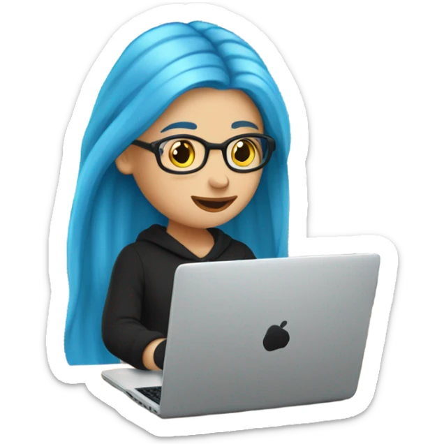 a white girl with long blue hair in a black sweatshirt is sitting at a laptop sticker