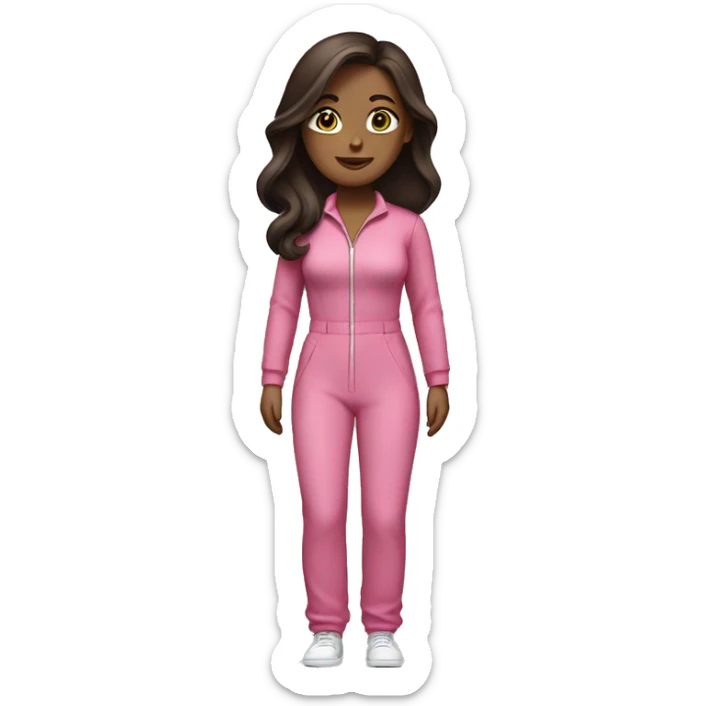 Woman dark straight brown hair  pink  full body jumpsuit flying sticker
