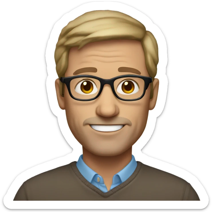 50 year old man with light skin blue eyes brown hair and clear round glasses  sticker