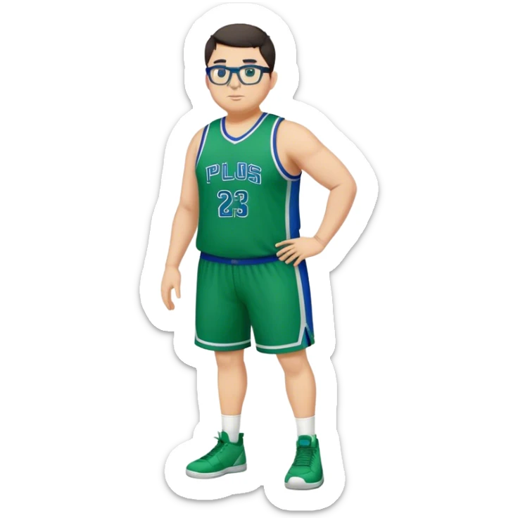 Full Body plus size tall white male with dark short hair basketball player wearing glasses wearing blue  with green uniform sticker