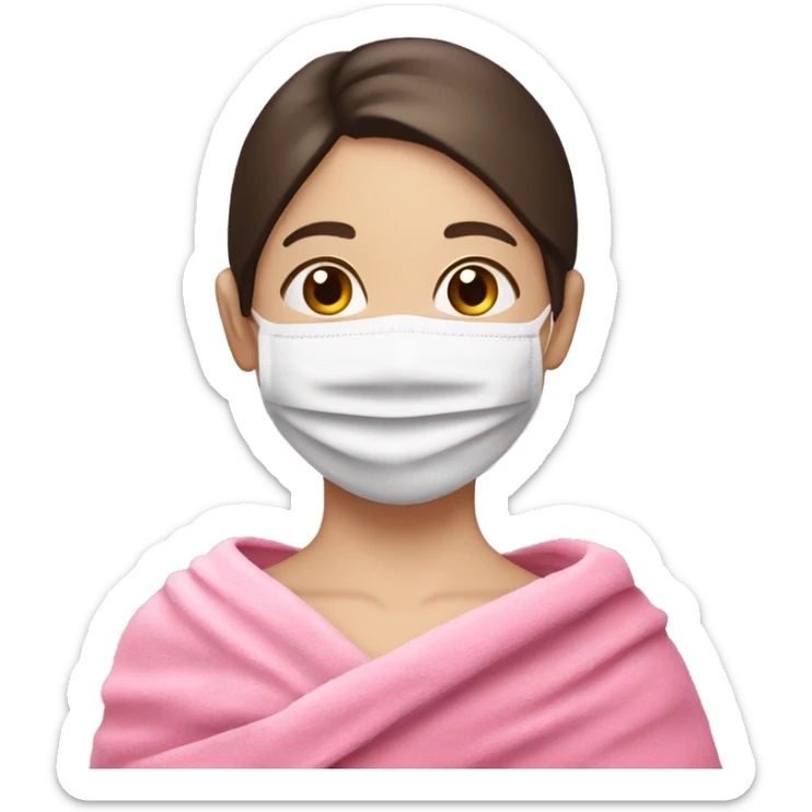 White girl with face mask in a pink towel with dark brown hair  sticker