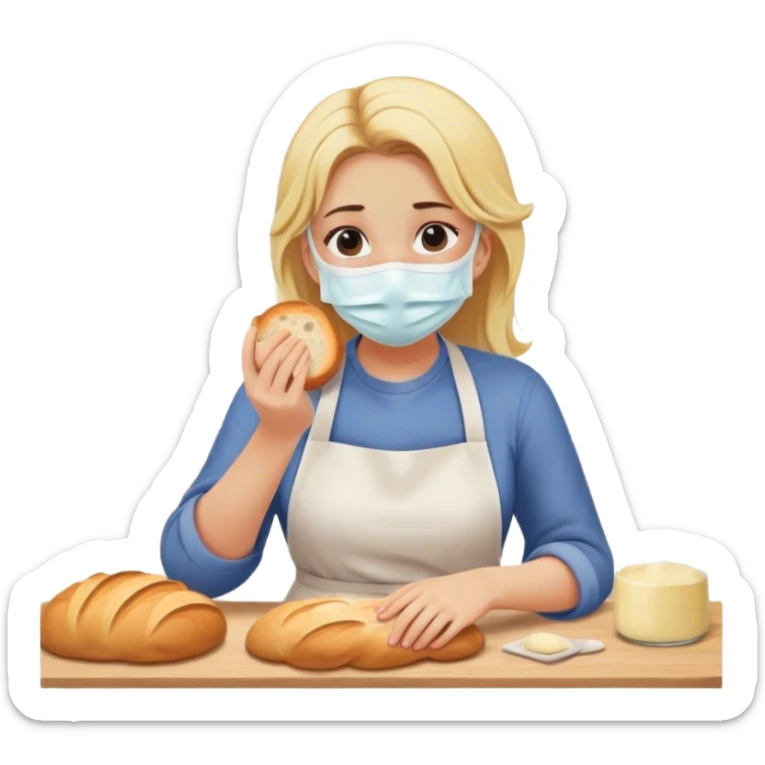 blonde hair girl who is sick baking bread(wearing face mask, feeling unwell) sticker