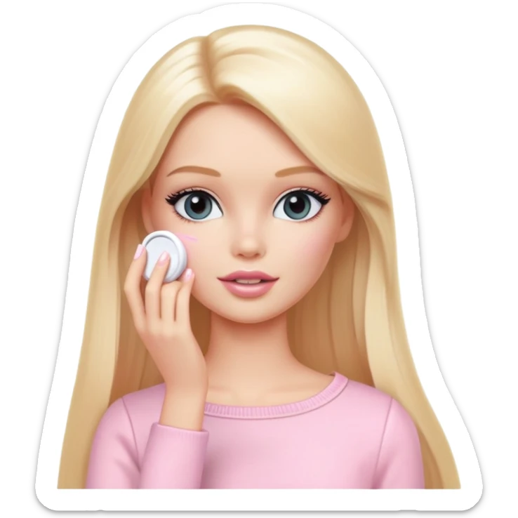 A white Barbie girl with long blonde straight hair in pale pink clothes smears by hand cosmetic cream on her face sticker