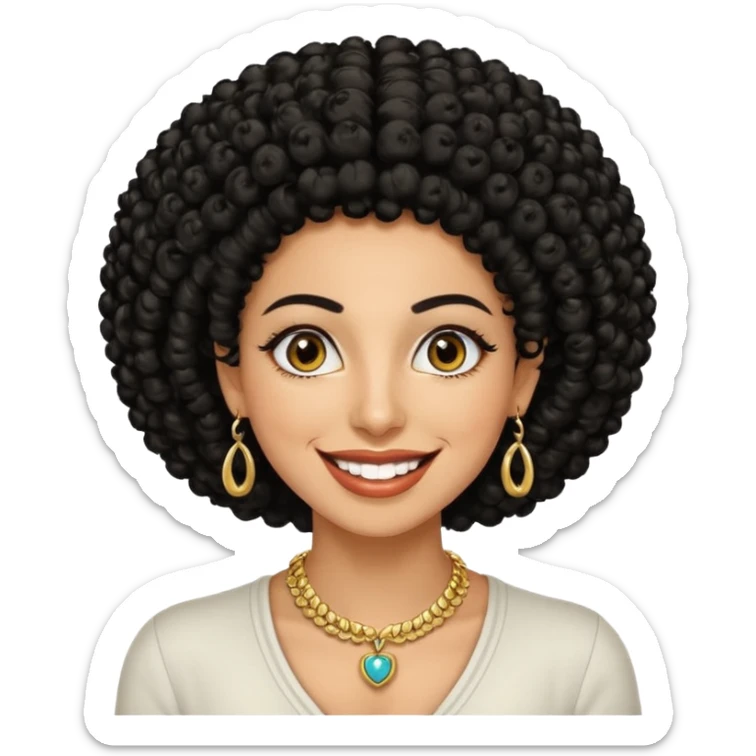 30 year old iranian woman very short curly black hair, big brown eyes, tanned skin, big smile, white teeth, pretty, afro sticker