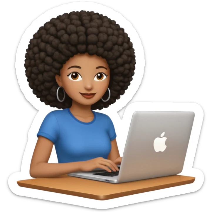 happy black girl with afro hairstyle using a laptop with an Apple logo, casual, friendly vibe sticker