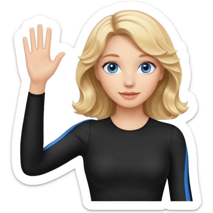 woman with blond wavy hair, tight black dress with a white line at the top, blue eyes, waving sticker