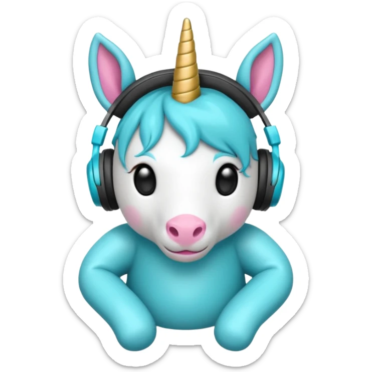 Unicornio bebé cyan sentado escuchando música con auriculares negros sticker
