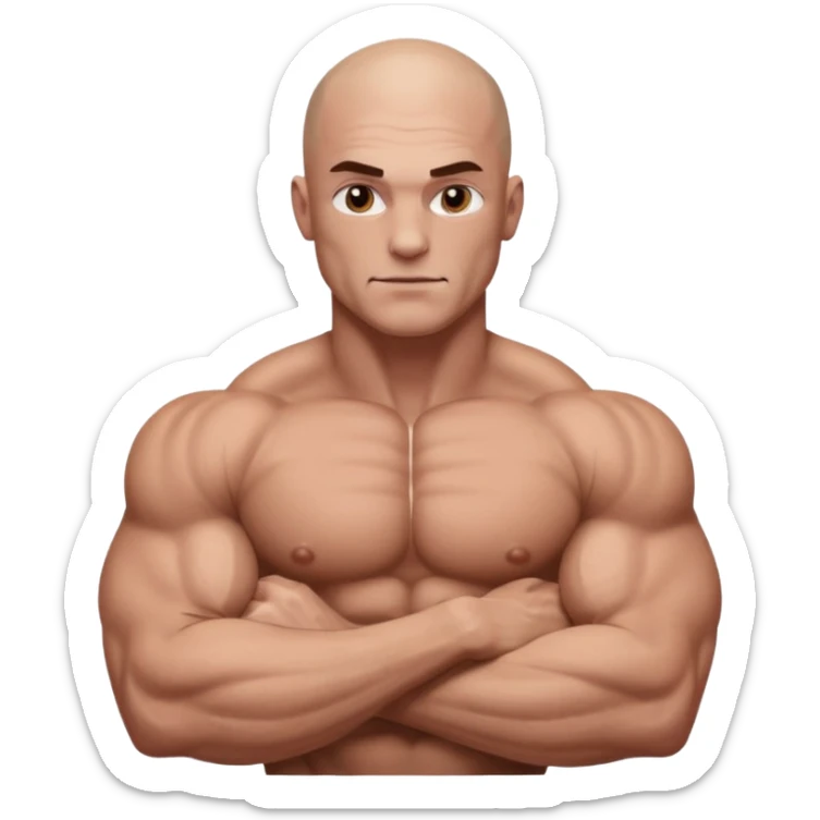 White skin, Shirtless, a lot of brown hair on the chest, Bodybuilder, big biceps and shoulders. Bald head sticker