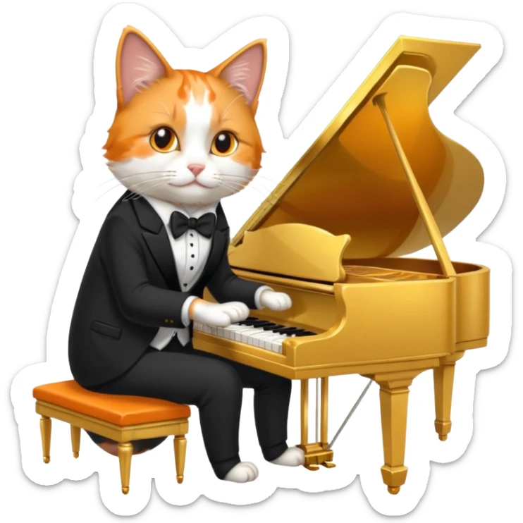 calico cat play gold piano, wear black suit, portrait sticker